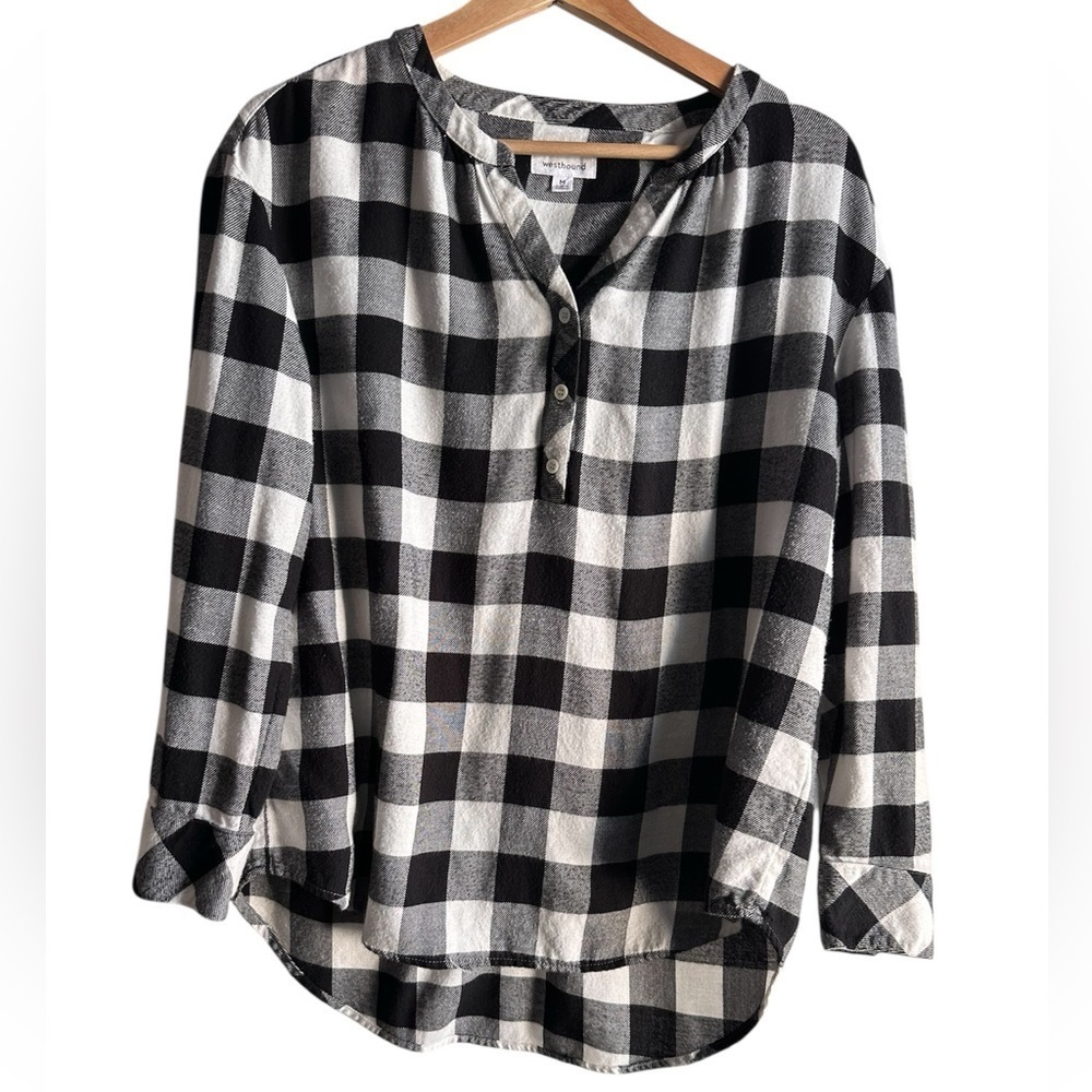 Westbound Women’s Flannel black & white  Buffalo Plaid Tunic LS Button M